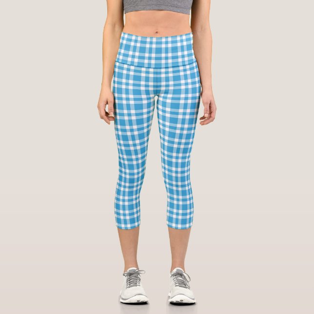 Blue White Plaid Pattern Capri Leggings (Front)