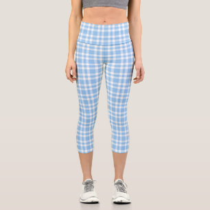 Blue White Plaid Pattern Capri Leggings