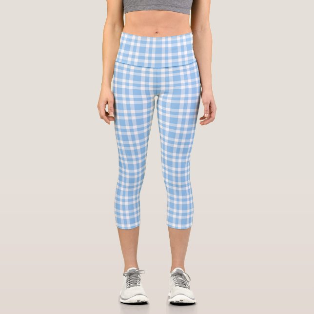 Blue White Plaid Pattern Capri Leggings (Front)