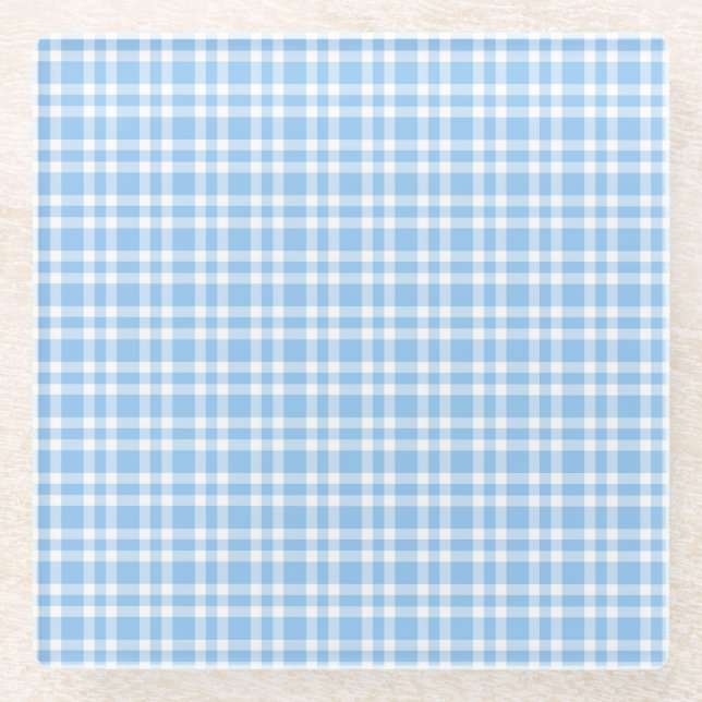Blue White Plaid Pattern Glass Coaster (Front)