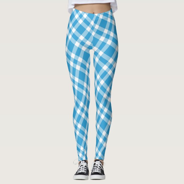 Blue White Plaid Pattern Leggings (Front)