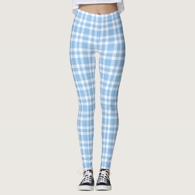 Blue White Plaid Pattern Leggings (Front)