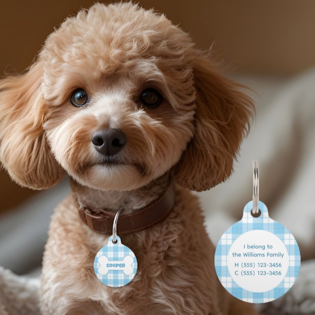 Blue White Plaid Pattern Name Bone  Pet Tag (Creator Uploaded)