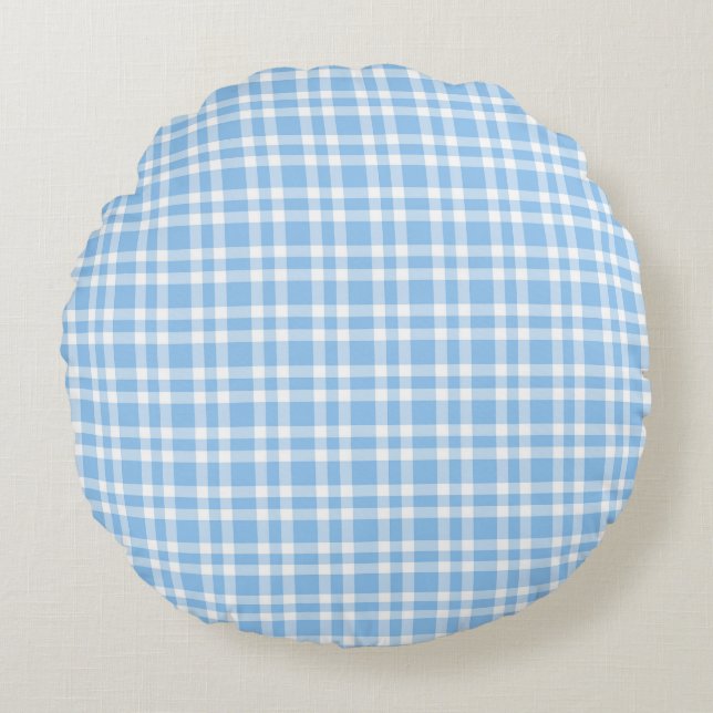 Blue White Plaid Pattern Round Cushion (Front)