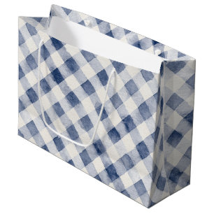Blue White Plaid Stripes Birthday Large Gift Bag