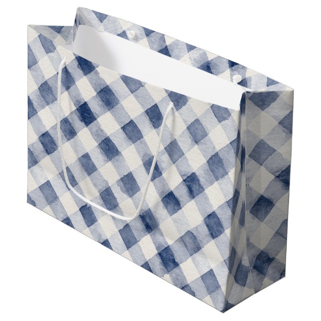 Blue White Plaid Stripes Birthday Large Gift Bag (Front Angled)