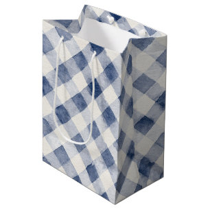 Blue White Plaid Stripes Birthday Medium Gift Bag