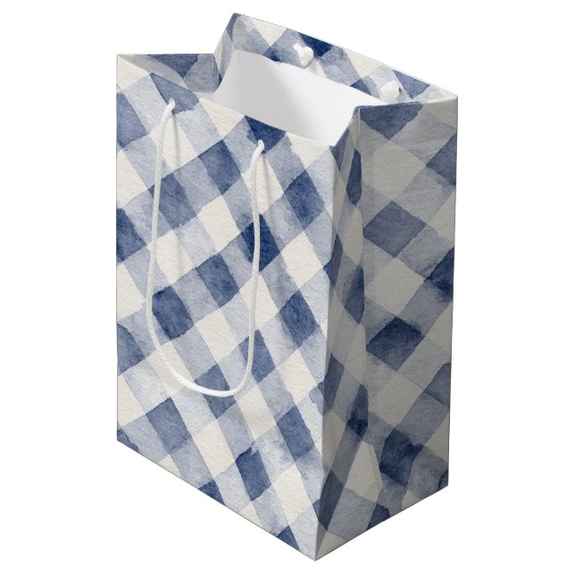 Blue White Plaid Stripes Birthday Medium Gift Bag (Front Angled)
