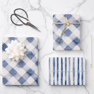 Blue White Plaid Stripes Bridal Shower Wrapping Paper Sheet