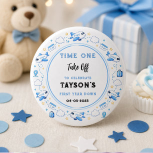Blue White Plane 1st Birthday Time One Take Off 3 Cm Round Badge