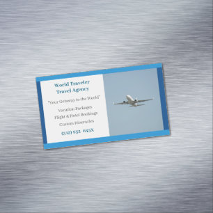 Blue White Plane Agent Aeroplane Travel Agency Magnetic Business Card