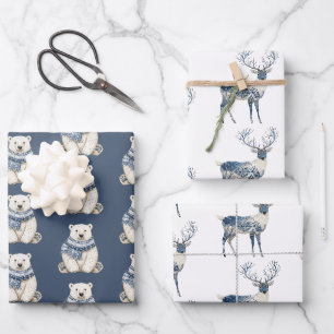 Blue White Polar Bear Deer Christmas Wrapping Paper Sheet