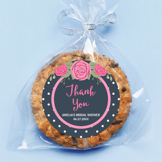 Blue White Polka Dot and Pink Roses Thank You Classic Round Sticker (Creator Uploaded)