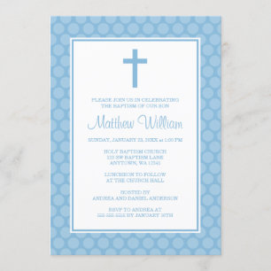 Blue White Polka Dot Cross Boy Baptism Christening Invitation
