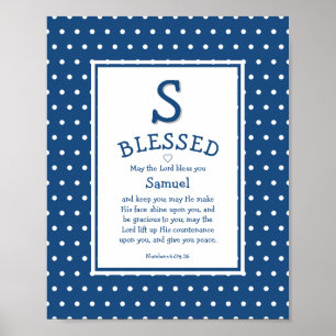 Blue White Polka Dot Name Baby Blessing Nursery Poster