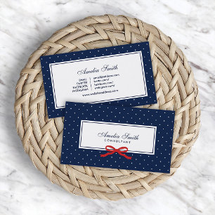 Blue & White Polka Dot Red Ribbon Social Media Business Card