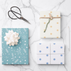 Blue & White Polka Dots, Blue Snowflakes, Stars Wrapping Paper Sheet