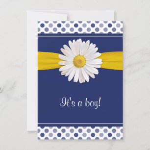 Blue White Polka Dots Daisy Baby Shower Invitation