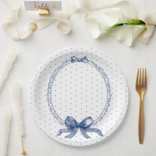 Blue White Polkadot Vintage Elegant Paper Plate