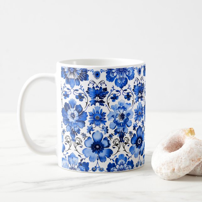 Blue White Portuguese Azulejo Floral Ceramic Mug (With Donut)