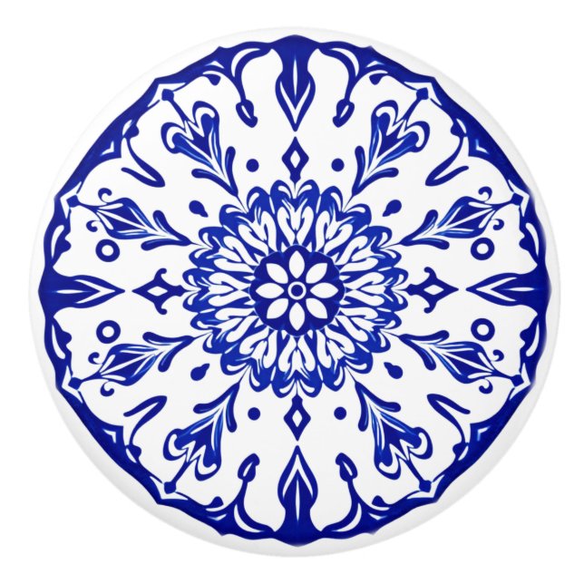 Blue & White Portuguese Azulejo Vibe Ceramic Knob (Front)