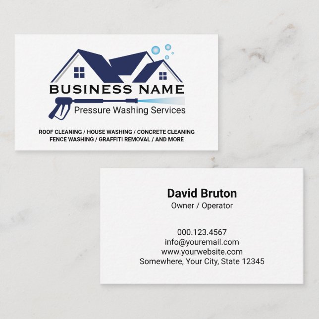 Blue White Pressure Washer House Cleaning Business Card (Front/Back)