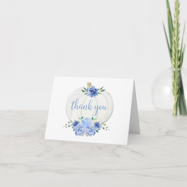 Blue white pumpkin fall floral thank you card (Front)