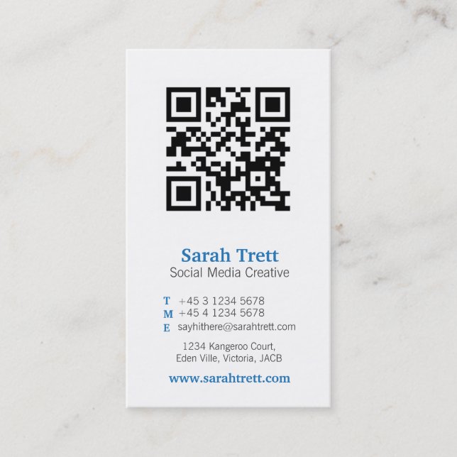 Blue white qr code image media business card (Front)