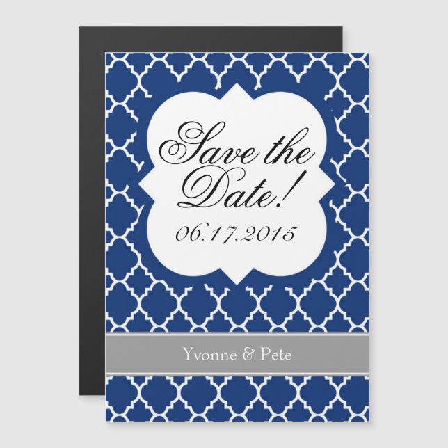 Blue White Quatrefoil Save The Date Magnet (Front/Back)