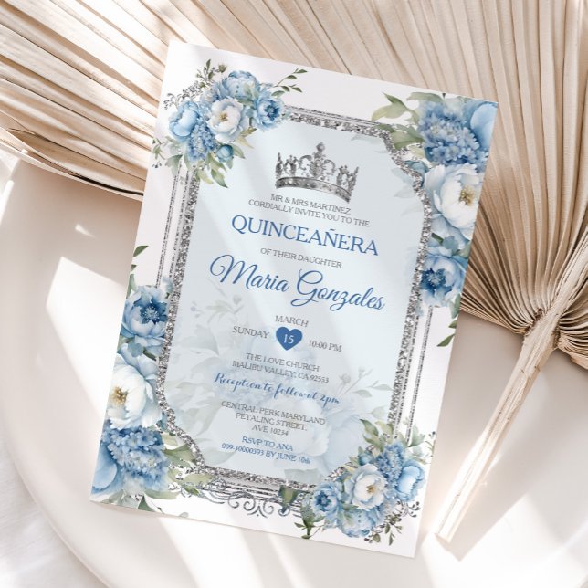 Blue & White Quinceañera Silver Crown 15 Anos Invitation (Creator Uploaded)