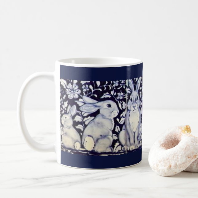 Blue & White Rabbit 7 Bunnies! Floral Tiles Gift Coffee Mug (With Donut)