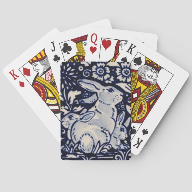 Blue & White Rabbit Baby Bunny Family Elegant Navy Playing Cards (Back)