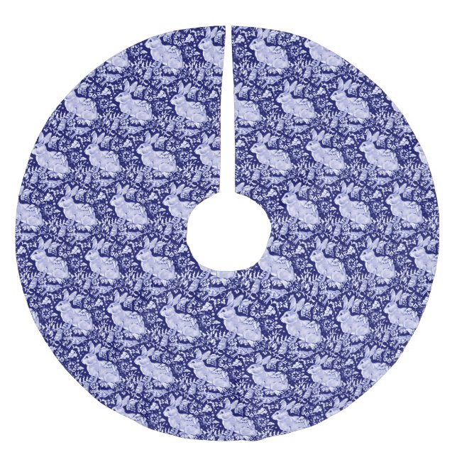 Blue & White Rabbit Bird Christmas Elegant Pattern Brushed Polyester Tree Skirt (Front)