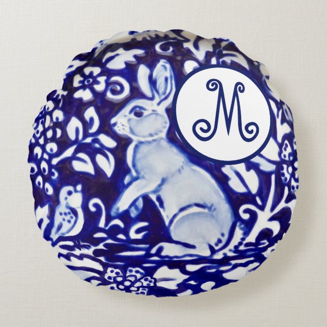 Blue White Rabbit Bird Floral Monogram Elegant Round Cushion (Front)