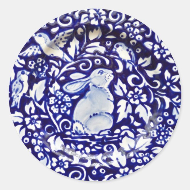 Blue White Rabbit Bird Floral Sticker Dedham Navy (Front)