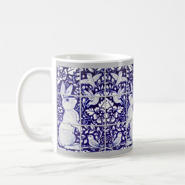 Blue & White Rabbit & Bird Floral Tile Mural Art Coffee Mug (Left)