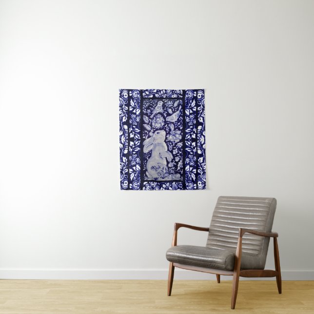 Blue & White Rabbit Bird Floral Woodland Navy Art Tapestry (In Situ)