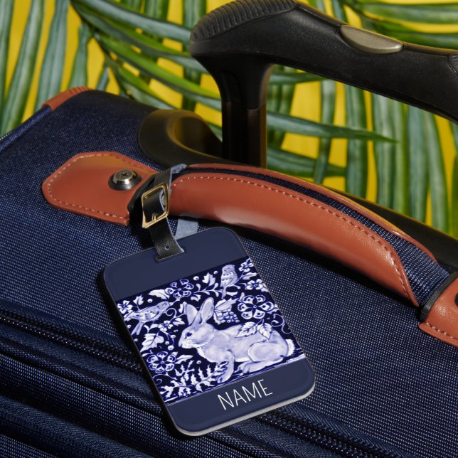 Blue & White Rabbit Bird Luggage Tag Personalise (Front Insitu 1)