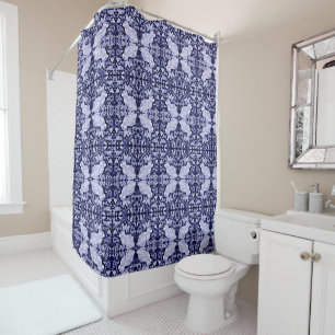 Blue White Rabbit Bird Tiled Shower Curtain Dedham