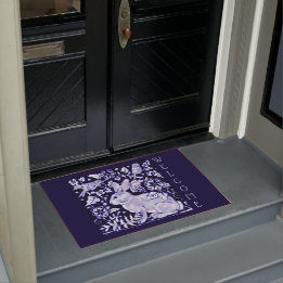 Blue & White Rabbit Bird Welcome Floral Dedham Doormat