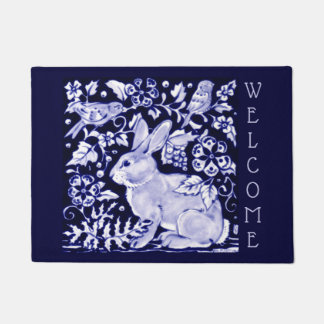 Blue & White Rabbit Bird Welcome Floral Dedham Doormat
