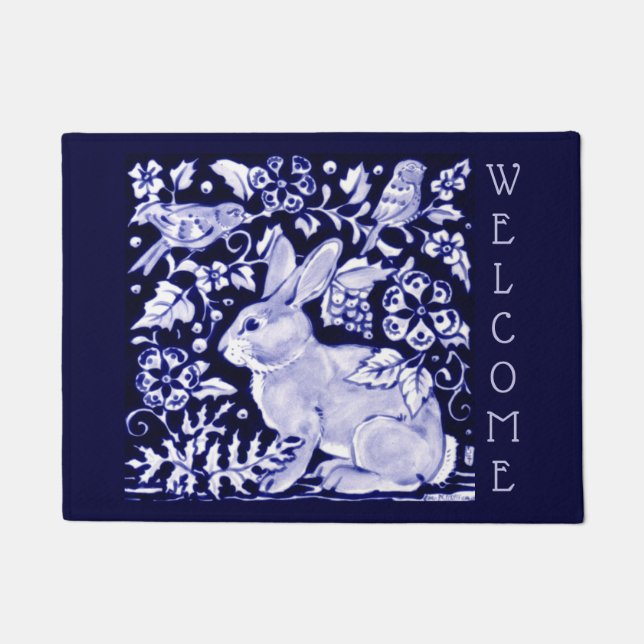 Blue & White Rabbit Bird Welcome Floral Dedham Doormat (Front)