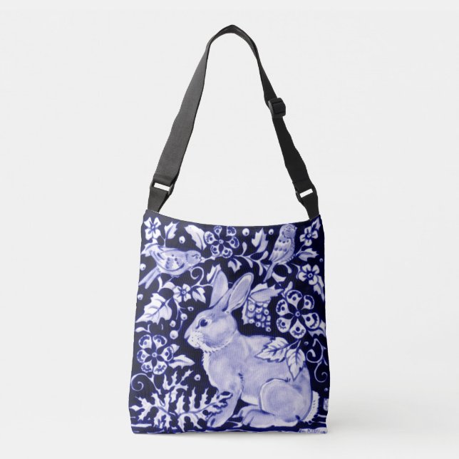 Blue & White Rabbit Birds Floral Designer Tote Bag (Front)