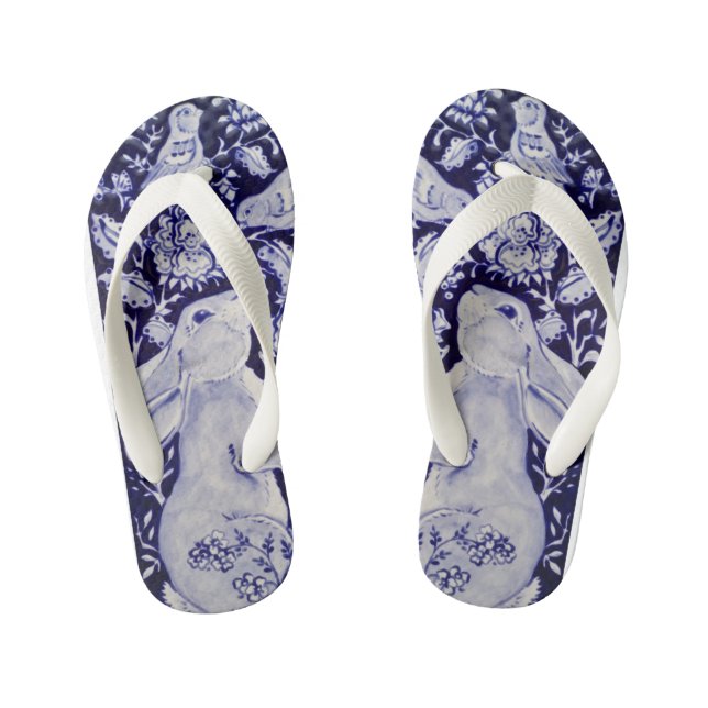Blue & White Rabbit Bunny Bird Floral Chinoiserie Kid's Flip Flops (Footbed)