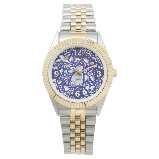 Blue & White Rabbit Bunny Bird Floral Gorgeous Watch (Front)