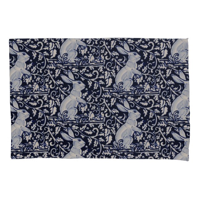 Blue & White Rabbit Bunny Elegant Art Cobalt Navy Pillowcase (Front)