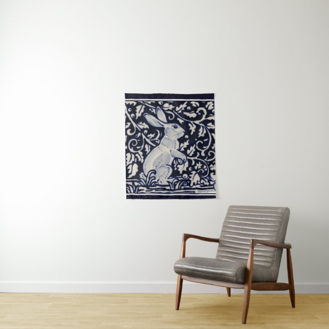 Blue & White Rabbit Bunny Elegant Leaves Woodland Tapestry (In Situ)
