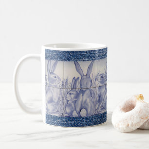 Blue & White Rabbit Bunny Family Tile on Denim Coffee Mug