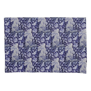Blue & White Rabbit Bunny Flowers Bird Navy Cobalt Pillowcase