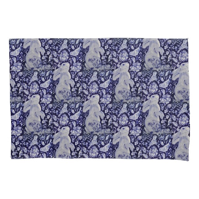 Blue & White Rabbit Bunny Flowers Bird Navy Cobalt Pillowcase (Front)